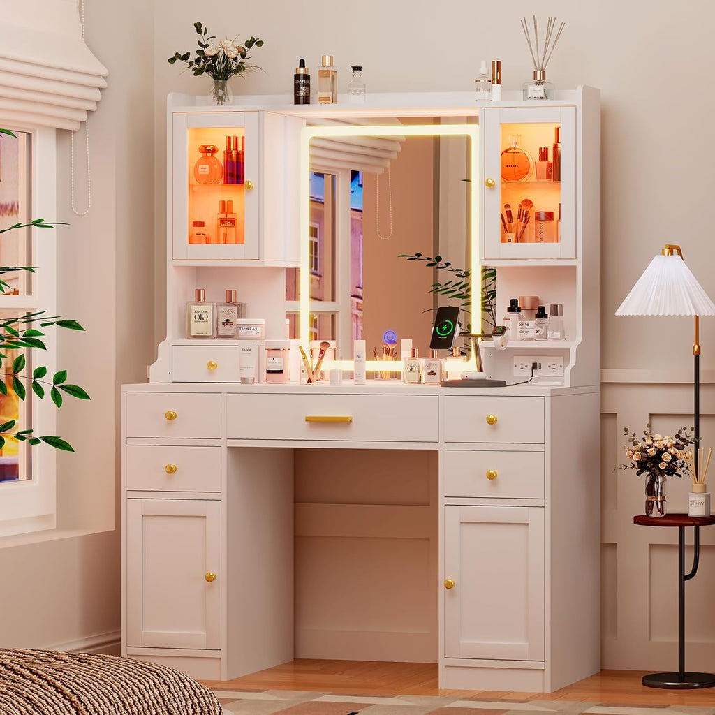 White Makeup Vanity Desk with Mirror and Lights, Large Vanity Table Set with Charging Station, Dressing Table with RGB Cabinets, Makeup Vanity Mirror with Light Desk and Drawers, 3 LED Light Modes