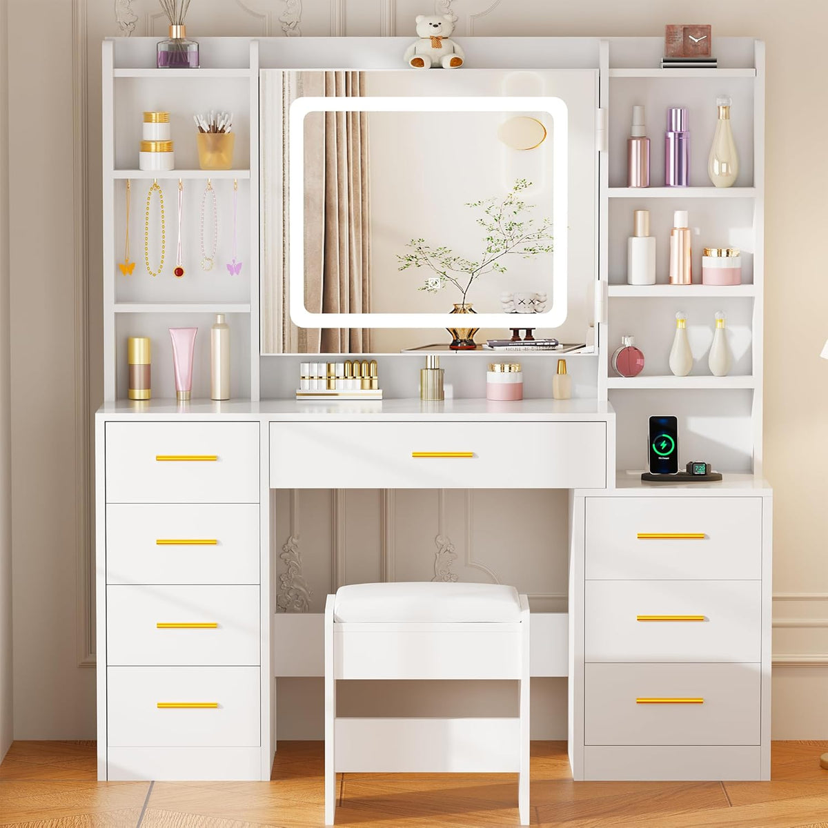 BEWISHOME Large Vanity Desk with Mirror and Lights,White Makeup Vanity Table with Power Outlet,Makeup Desk with 8 Drawers,7 Open Shelves,12 Hooks,Nightstand and Stool,Dressing Table for Bedroom FST53W