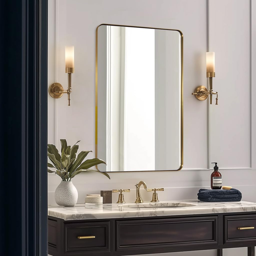 ANDY STAR Gold Bathroom Mirror, 24x36 Brushed Brass Rectangle Metal Frame Mirror for Bathroom, Modern Rectangular Wall Mounted Mirror for Vanity