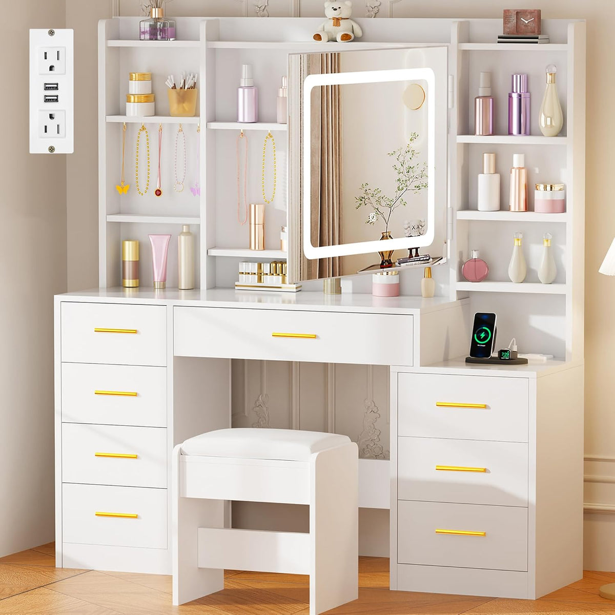 BEWISHOME Large Vanity Desk with Mirror and Lights,White Makeup Vanity Table with Power Outlet,Makeup Desk with 8 Drawers,7 Open Shelves,12 Hooks,Nightstand and Stool,Dressing Table for Bedroom FST53W