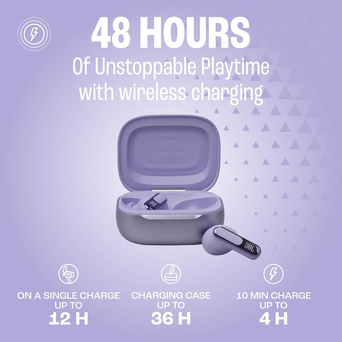 JBL Live Beam 3 - True wireless noise-cancelling stick-closed earbuds, 48Hrs total playback, Wireless Charging, 6 Mics for perfect calls, Multi-point connection, IP55 waterproof and dustproof (Purple)