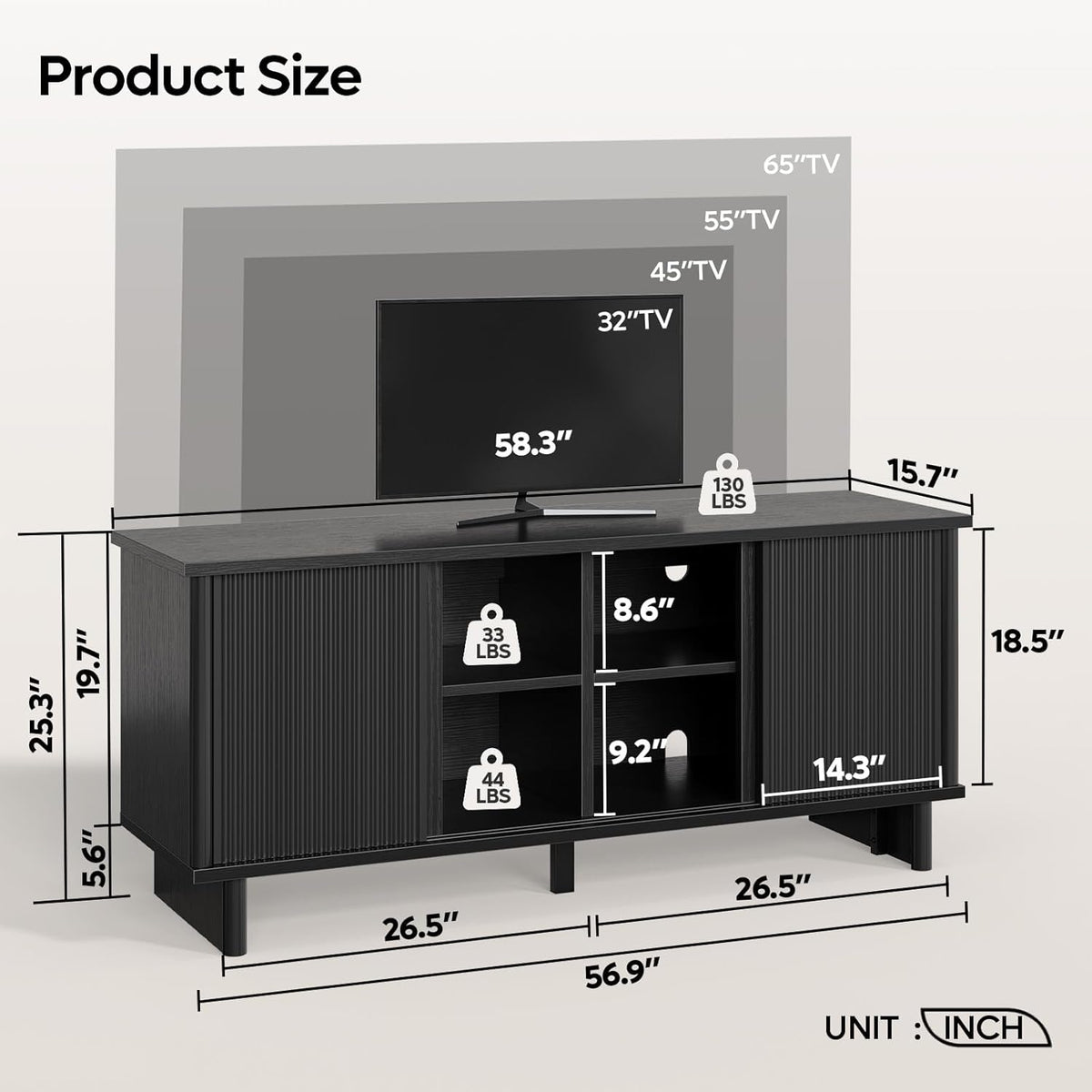 Bestier Mid Century Modern Tv Stand for 55/60/65 Inch TV, Solid Wood Legs Entertainment Center with Vertical Striped Sliding Door& Cable Management, Media Console Cabinet for Living Room(Black)
