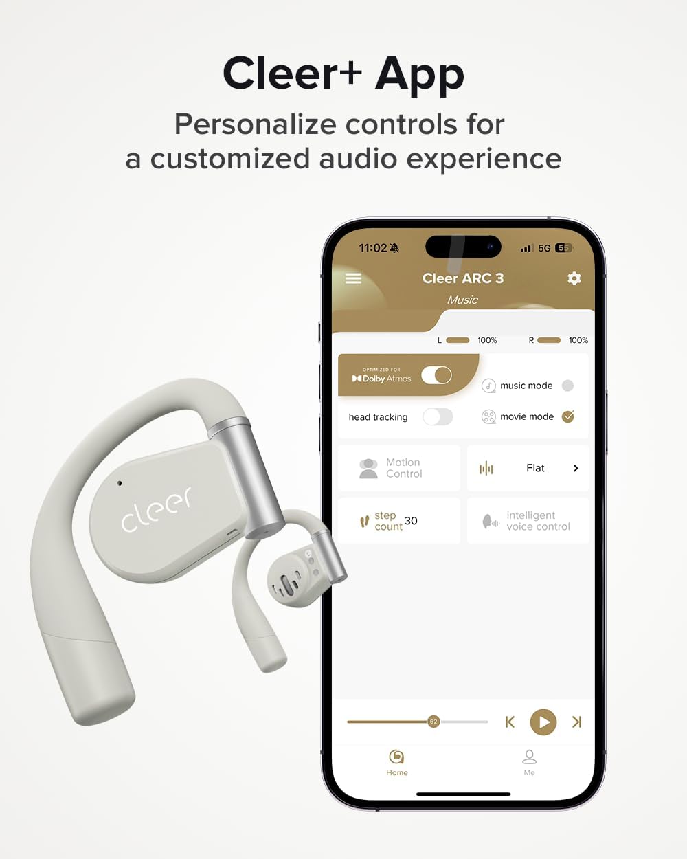Cleer ARC 3 Open Ear Headphones - Dolby Audio, Snapdragon Sound True Wireless Earbuds, 50Hr Battery, Bluetooth 5.4, IPX 7, Multi-Point, Smart Controls, Light Grey