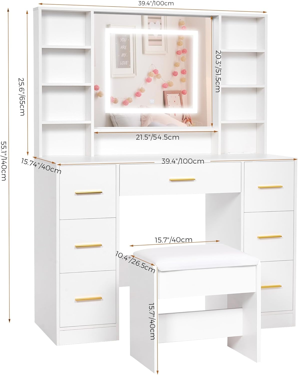 ANWBROAD Vanity Desk Table with Lighted Mirror 39.4“ Girls Makeup Vanity with Power Outlet 3 Colors Lighting Adjustable Brightness Vanity Table for Women Bedroom Dressing Room White UBDT65W