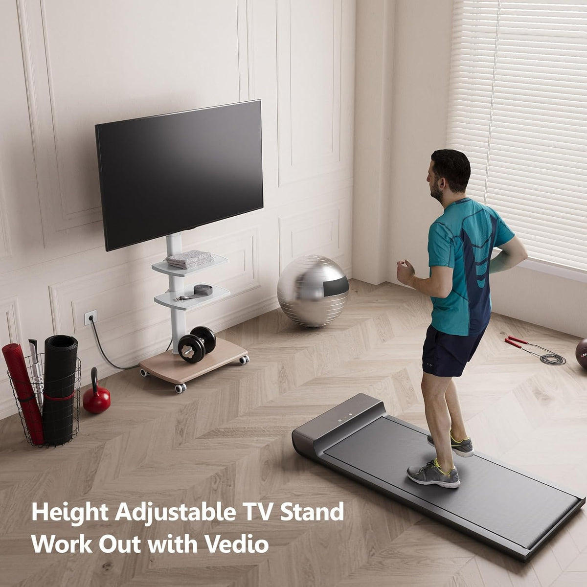 FITUEYES Rolling TV Stand with Power Outlets, Swivel Portable TV Stand for 32-70Inch LCD LED OLED Flat/Curved Panel Screen TVs, Height Adjustable&Wood Base, Mobile TV Cart with 2 Shelves