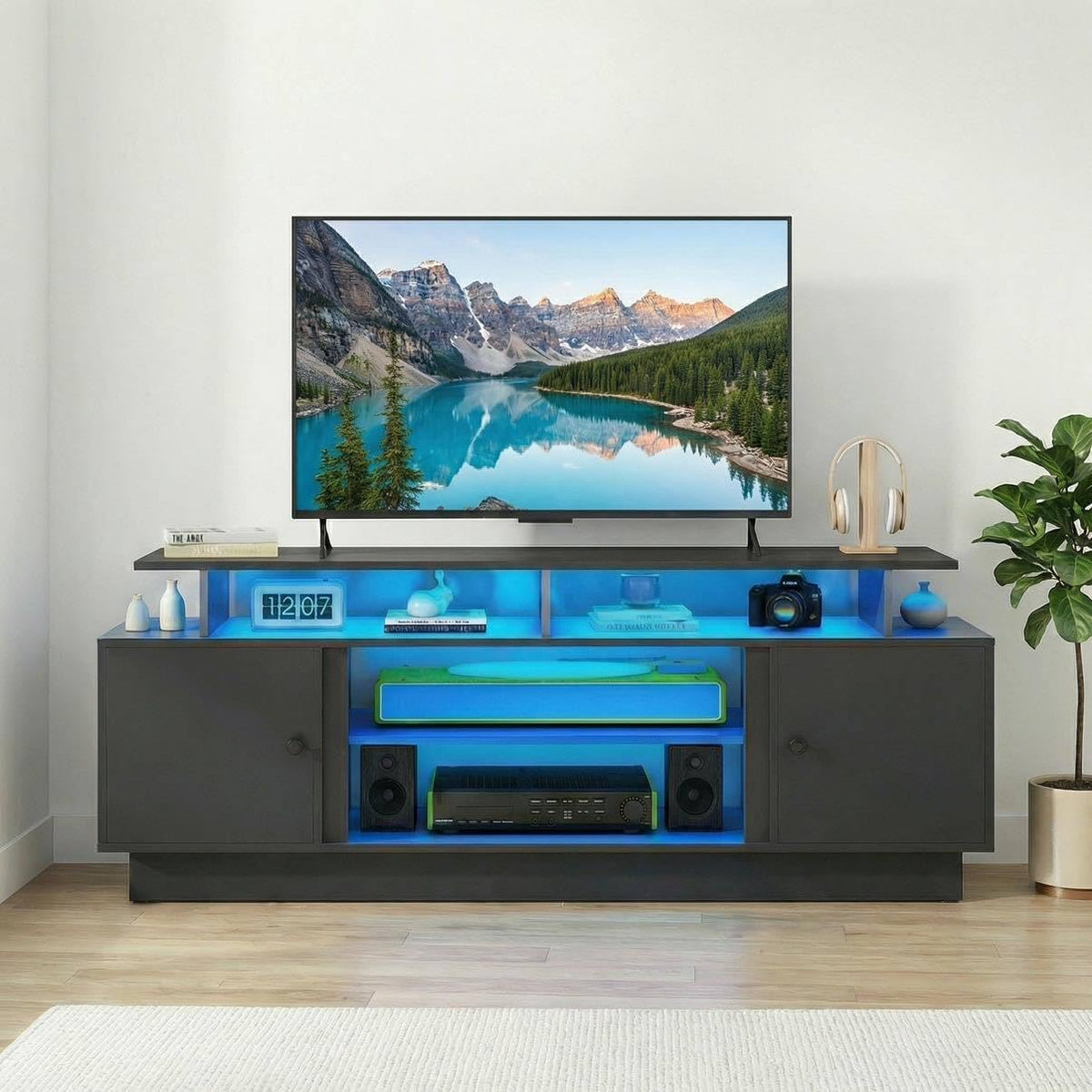 YITAHOME Modern TV Stand for 80 inch TVs, Entertainment Center with LED Lights & Storage Cabinets, TV Console Table with Adjustable Partition for Living Room (Black)