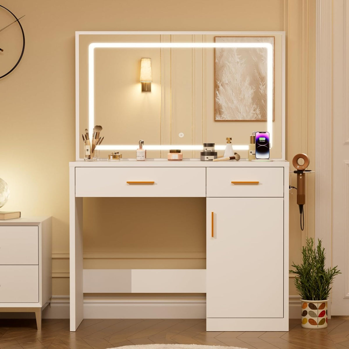 Sweetcrispy Vanity Desk with 35.4" LED Mirror and Lights, Makeup Vanity Table with Charging Station (2AC/USB/C), 2 Drawers & Large Cabinet, 3 Lighting Color Adjustable, Modern Dressing Table, White