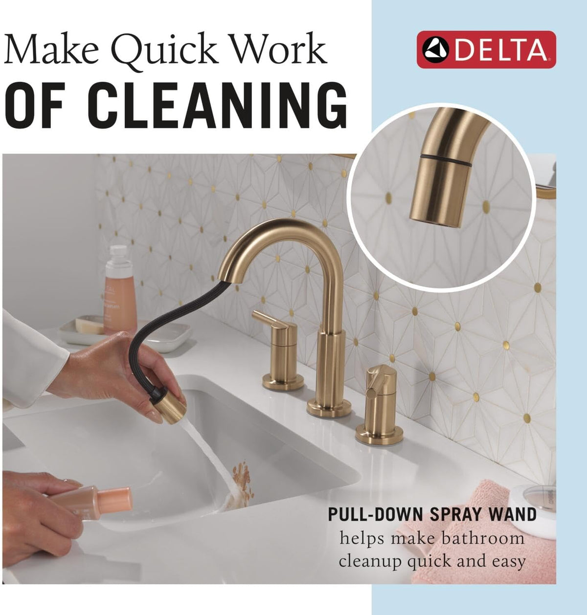 Delta Nicoli Brushed Gold Bathroom Faucet with Sprayer, 8 Inch 3 Hole Widespread Bathroom Sink Faucet with Pull Out Sprayer, Push-Pop Drain, Champagne Bronze 35749LF-CZPD