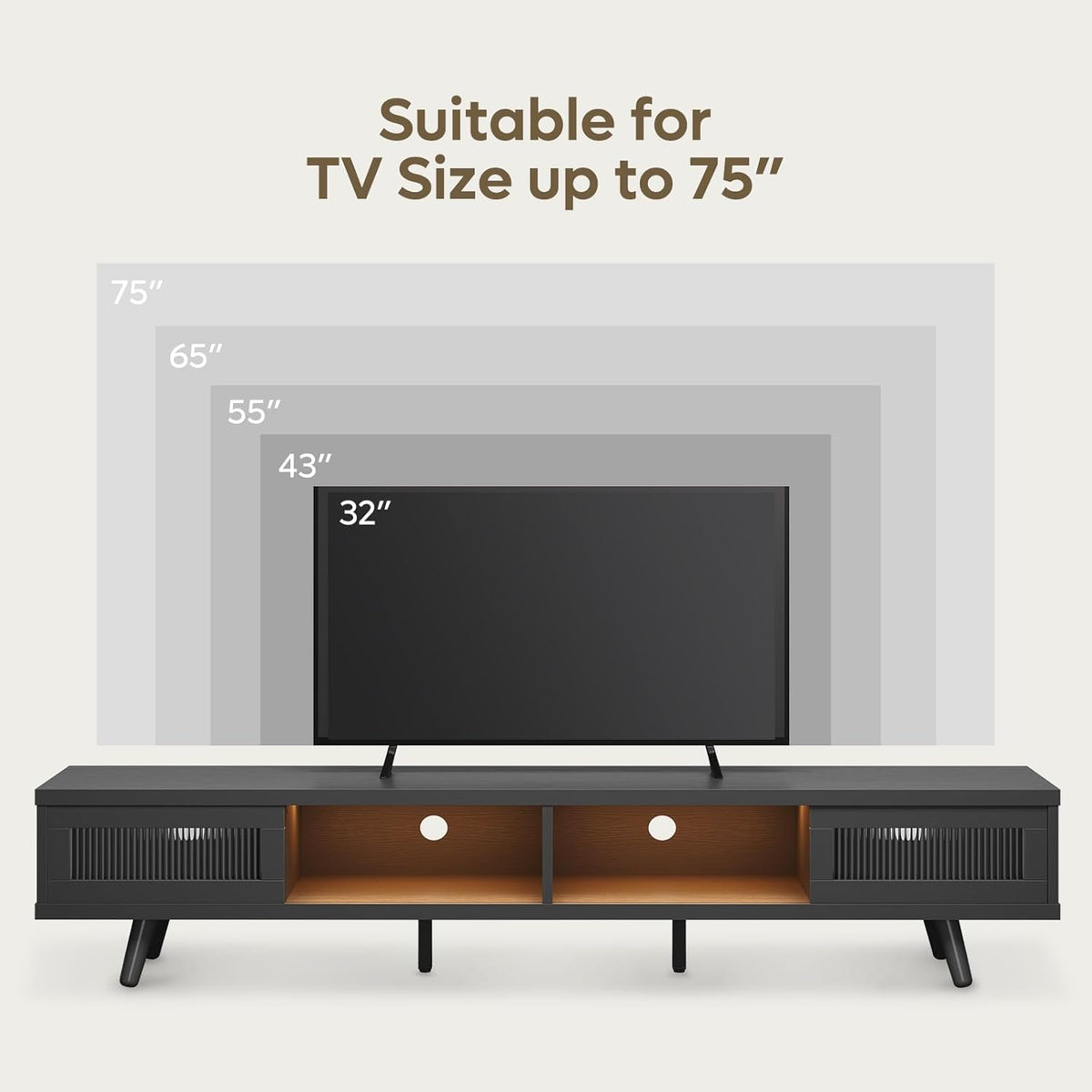 Bestier Mid Century Modern TV Stand for 75 inch TV, LED Entertainment Center with Storage and Sliding Doors, Low Profile TV Consoles for Living Room, Embossed Black