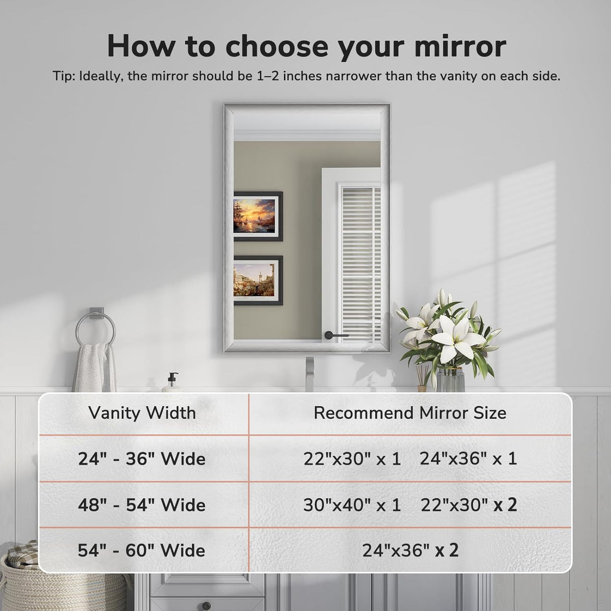 USHOWER 2 Pack Brushed Nickel Bathroom Mirrors for Over Sink 24x36 Inch, Metal Framed Rectangle Vanity Mirror for Wall, Bedroom, Living Room, Entryway, Anti-Rust, HD Tempered Glass,Horizontal/Vertical
