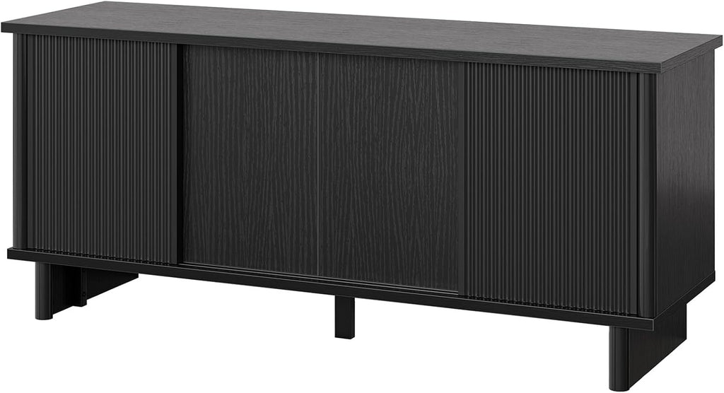Bestier Mid Century Modern Tv Stand for 55/60/65 Inch TV, Solid Wood Legs Entertainment Center with Vertical Striped Sliding Door& Cable Management, Media Console Cabinet for Living Room(Black)