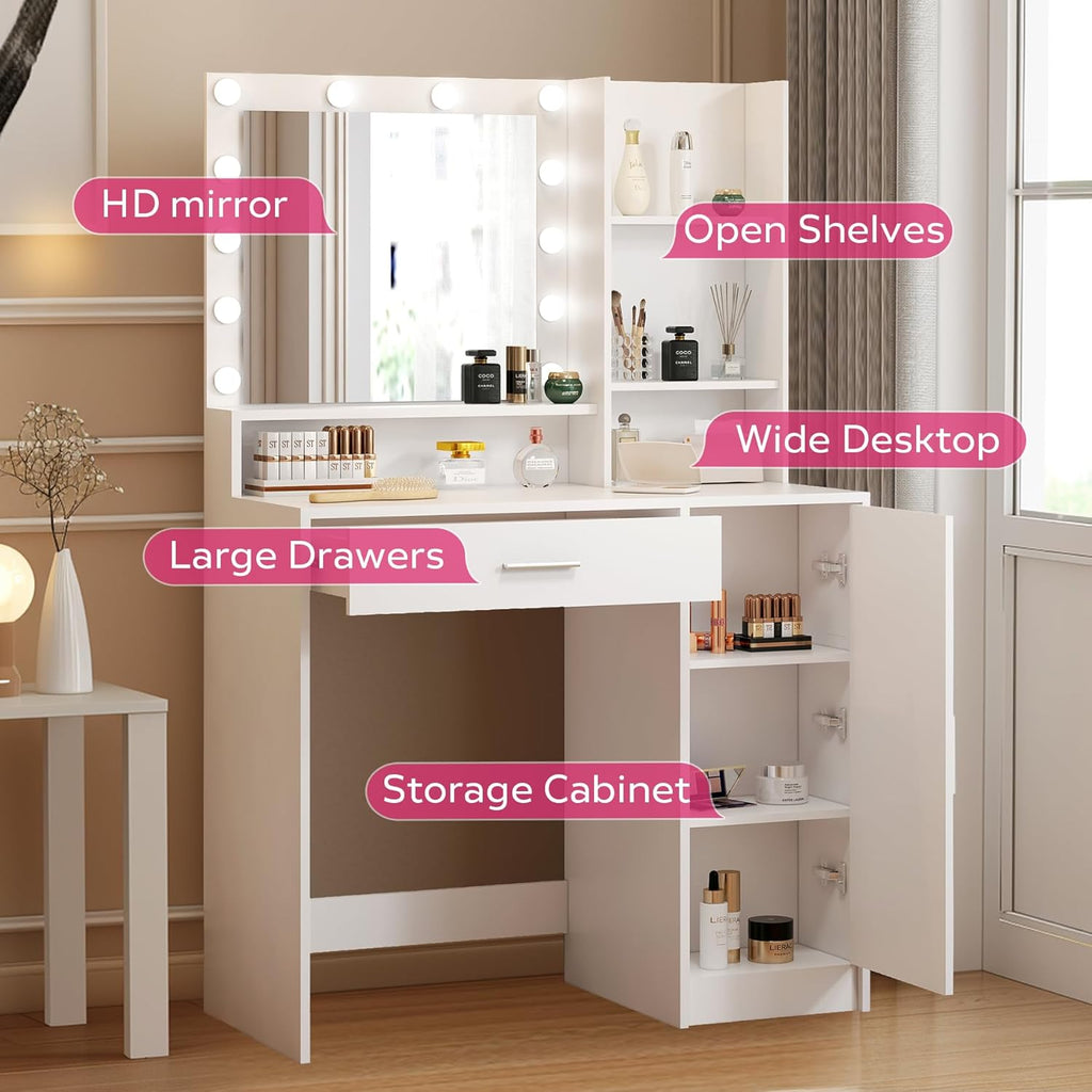 Palimder Vanity Desk with Mirror and Light, Large Drawer and Three Level Storage Dresser, 3 Lighting Modes Adjustable Brightness, Bedroom Dressing Table (White)