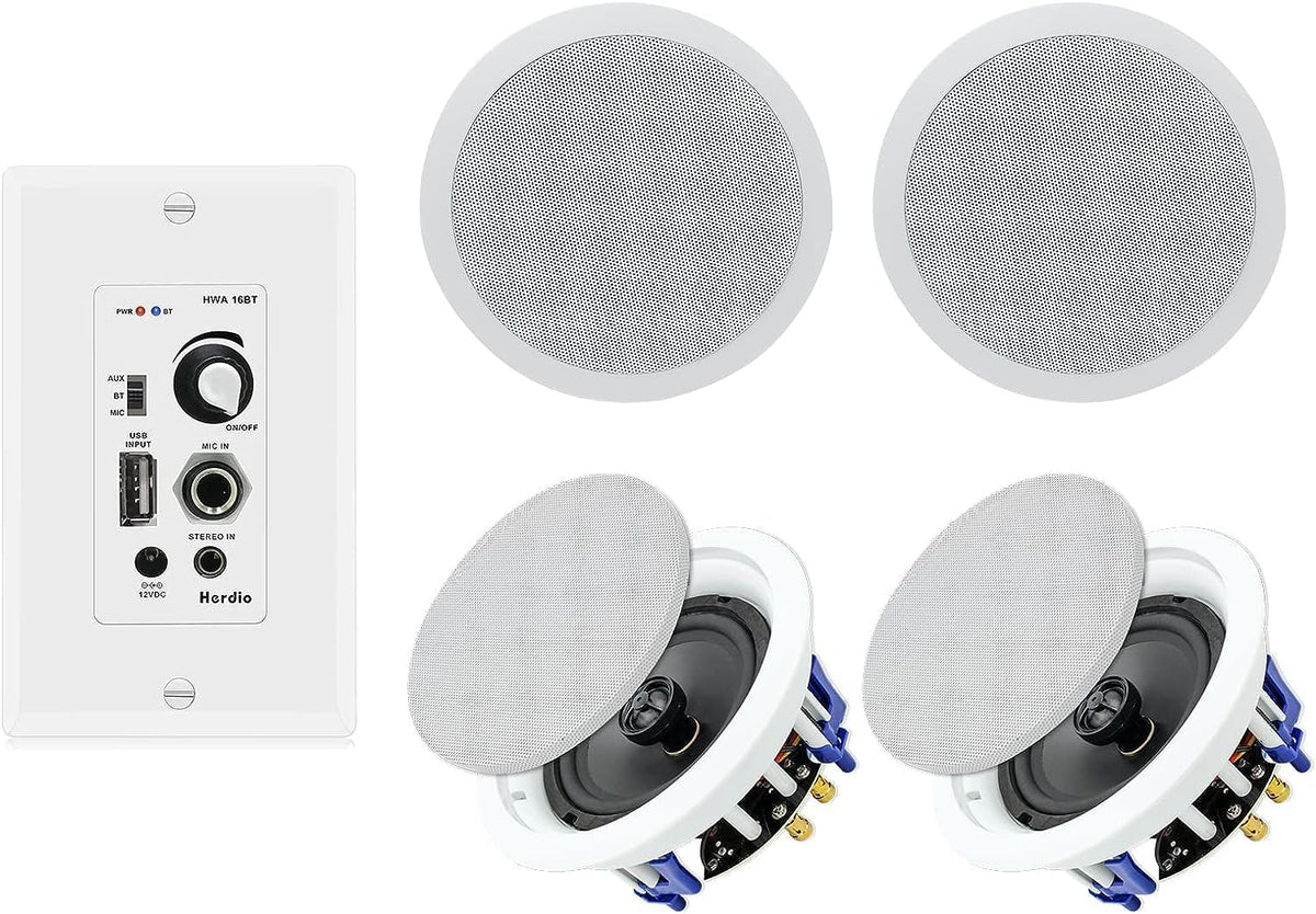 Herdio Home Audio Package in Wall Bluetooth Amplifier Volume Control Receiver Wall Plate with 6.5 Inch 640W Ceiling Speakers(2 Pairs)