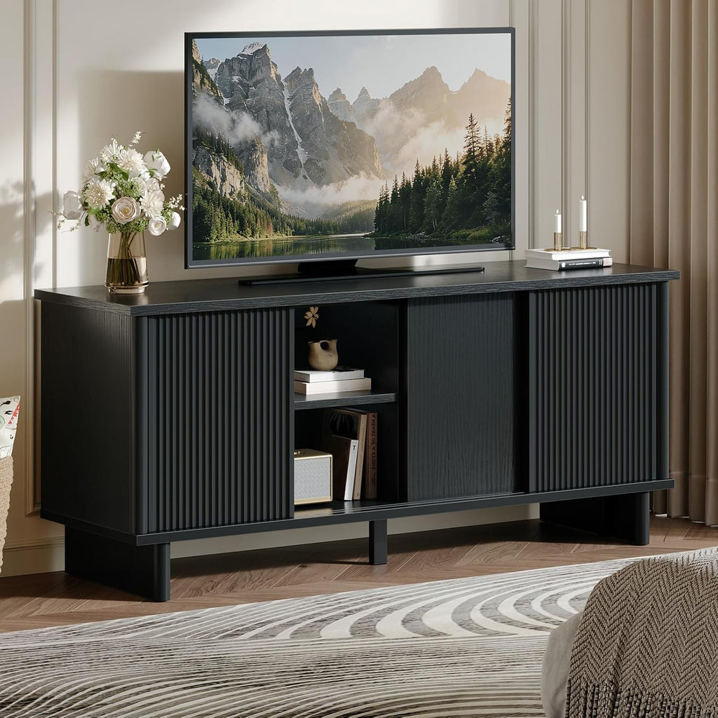 Bestier Mid Century Modern Tv Stand for 55/60/65 Inch TV, Solid Wood Legs Entertainment Center with Vertical Striped Sliding Door& Cable Management, Media Console Cabinet for Living Room(Black)