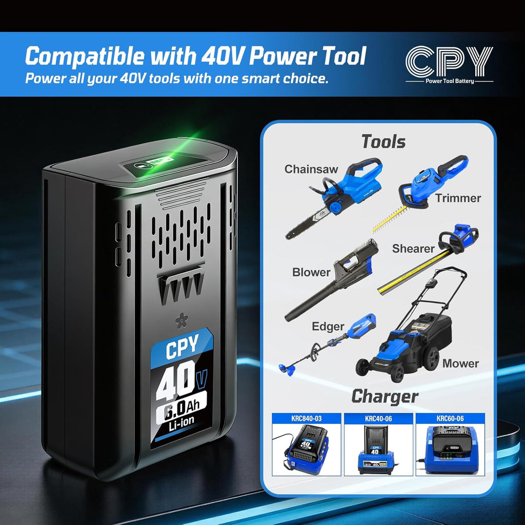 CPY Replacement for Kobalt 40V Battery 6.0Ah and Charger, Lithium Ion 40V MAX Battery and Charger Compatible with KB540-06, KB440-06 KB240-06, KB2540C-06 for Cordless Power Tool Lawn Mower