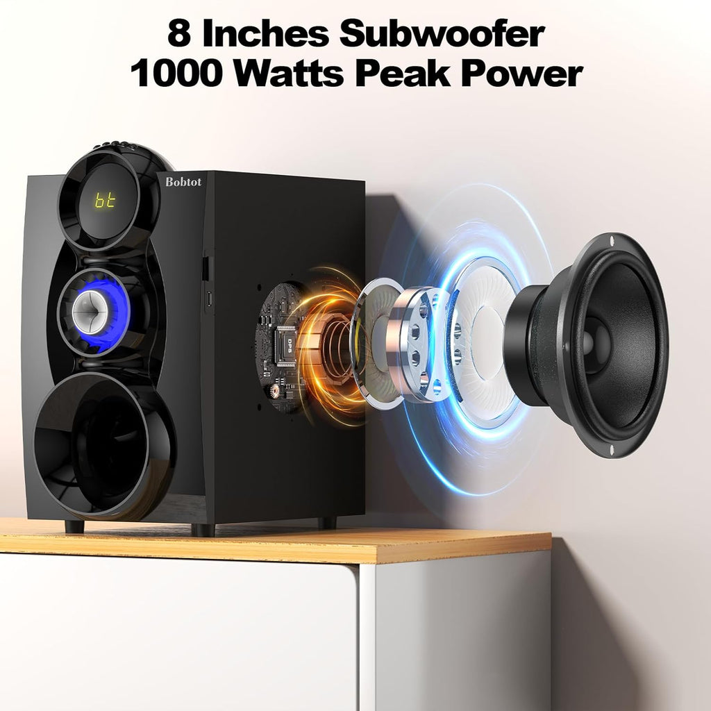 Bobtot Wireless Surround Sound System Home Theater System, 1000W Surround Speakers 8" Subwoofer 5.1/2.1 Channel Deep Bass with ARC Optical Bluetooth Karaoke Input