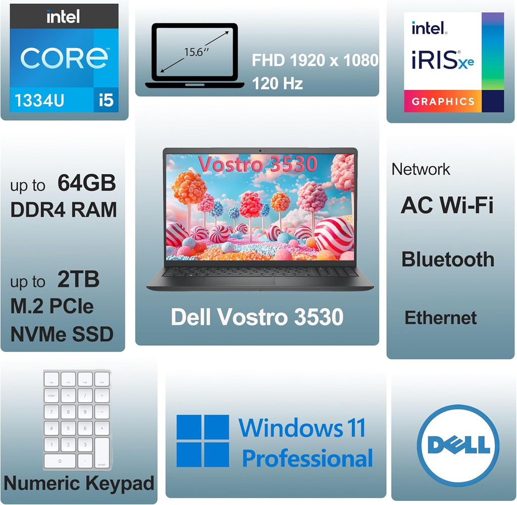 Dell 15.6" 3530 Laptop Computer for Home & Business Student, Intel 10-Core i5-1334U (Beat i7-1250U), 16GB RAM, 1TB PCIe SSD, 120Hz FHD, WiFi, Bluetooth, Carbon Black, Windows 11 Pro(Renewed)