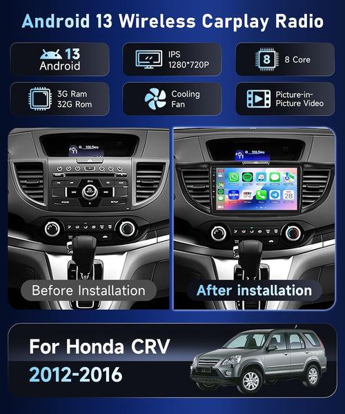 8Core4+64G Car Stereo for Honda CRV 2012-2016 Wireless CarPlay/Android Auto Android Radio with Qualcomm 9" IPS Touch Screen,BT5.1,DSP Hi-Res,GPS,SWC,Backup Camera for Honda CRV Radio