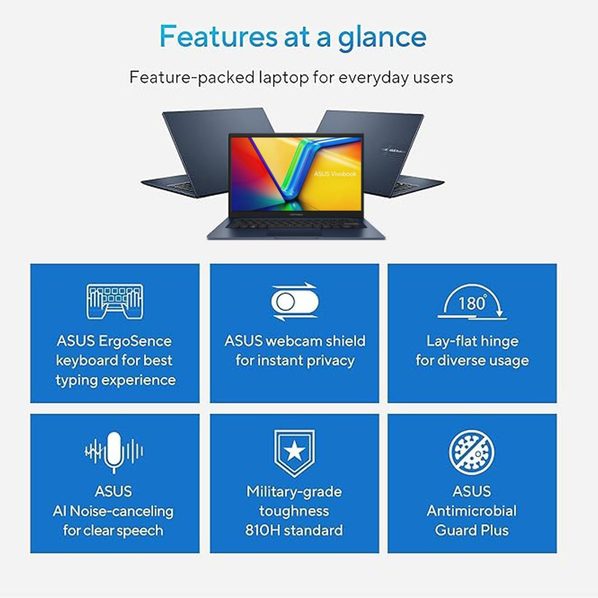 ASUS Vivobook Laptop, 14" FHD Display, i3-1215U, 16GB RAM, 512GB SSD, Wi-Fi 6, HDMI, Webcam, Touchpad, Windows 11 Home, Blue