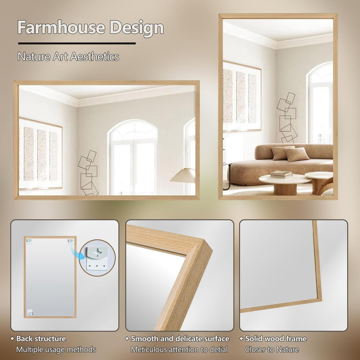 40"x30" Bathroom Mirror with Natural Wood Frame for Wall, Large Rectangle Vanity Mirror Rustic Farmhouse Decor Mirror, Anti-Rust Explosion-Proof, Hangs Horizontally or Vertically, Solid